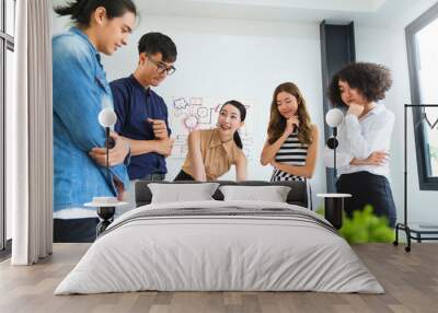 Group of asian young creative female  employee happy casual meeting on a business meeting office background Good leadership and teamwork lead to success successful entrepreneur business concept Wall mural