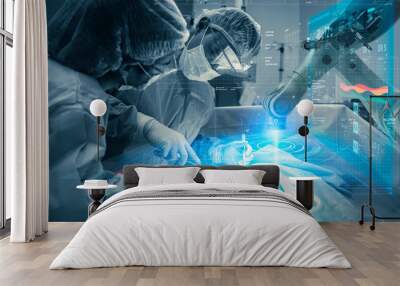 Operating room Doctor or Surgeon anatomy on Advanced robotic surgery machine futuristic virtual interface, robotic surgery are precision, miniaturisation future of tomorrow healthcare and wellness Wall mural