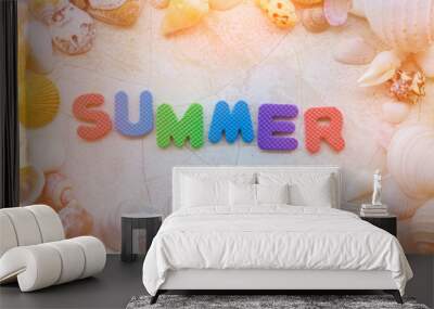 Shells and starfishes on white concrete background with summer t Wall mural