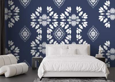 White ornate on blue luxury background. Damask style vector pattern. Renaissance surface design Wall mural