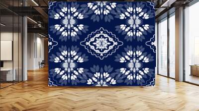 White ornate on blue luxury background. Damask style vector pattern. Renaissance surface design Wall mural