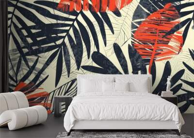 An abstract leaf pattern with a variety of leaf silhouettes and shapes, arranged in a modern and artistic design. Wall mural