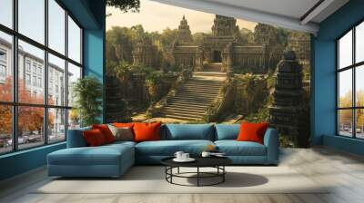 An expansive view of the most beautiful temple in the world, with its grand architecture and elaborate details framed by a lush, green landscape. Wall mural