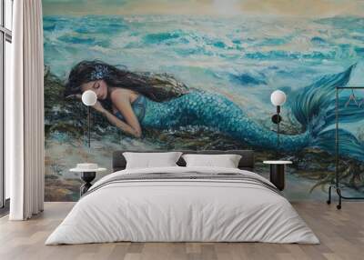 artwork of a mermaid resting in a tranquil lagoon. Wall mural