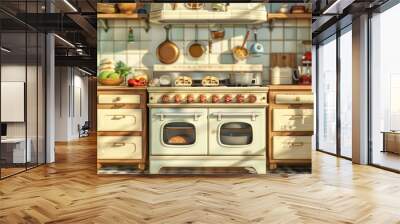 cozy kitchen with a classic stove and oven combination, with a chef baking fresh bread and roasting vegetables. Wall mural