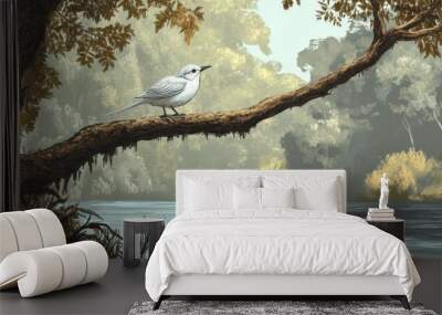 Create an image of a fishing bird perched on a tree branch overhanging a river. Wall mural