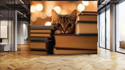 cute cat peeking out from a stack of books Wall mural