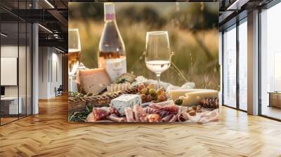 Depict a luxurious picnic with an assortment of gourmet cheeses, charcuterie, and a bottle of high-end wine, set against a picturesque landscape. Wall mural