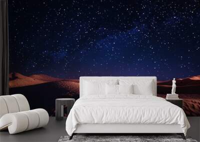 Desert and Stars: Create a serene scene of a desert landscape under a star-filled sky, with the sand dunes bathed in starlight Wall mural