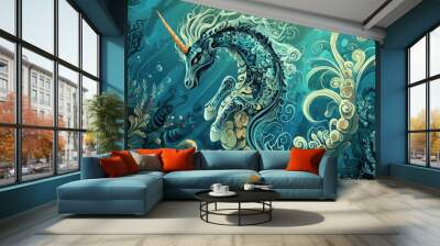 Mythical Sea Horse: Create an illustration of a mythical sea horse with ornate, fantasy-inspired details, set against a backdrop of a magical underwater realm Wall mural