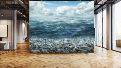 ocean surface covered in marine litter, including plastic bags, bottles, and other refuse. Wall mural