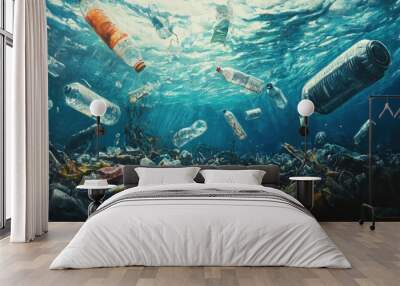 Picture a marine environment with an assortment of trash, such as plastic bottles, food wrappers, and old fishing gear. Wall mural