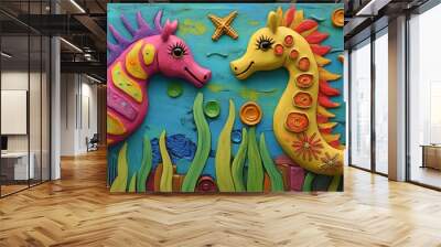 Sea Horse and Starfish: Design a playful scene of a sea horse and a starfish interacting, their vibrant colors and unique shapes complementing each other. Wall mural