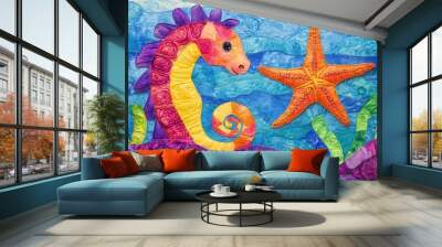 Sea Horse and Starfish: Design a playful scene of a sea horse and a starfish interacting, their vibrant colors and unique shapes complementing each other. Wall mural