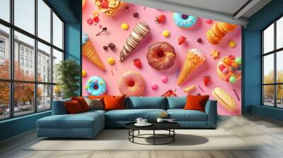 Show a colorful and artistic representation of various junk food items arranged in a visually appealing pattern. Wall mural