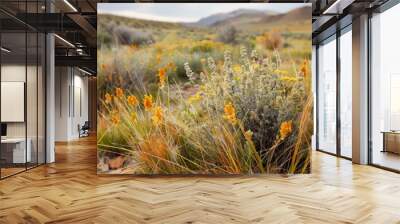 The adaptation of desert plants to conserve water includes features such as waxy coatings and deep root systems. Wall mural