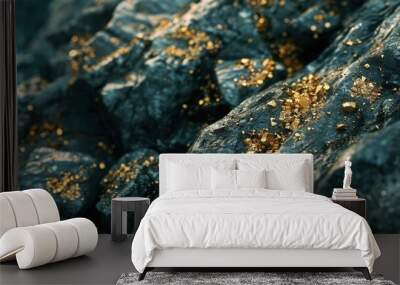 the raw charm of gold ore, featuring close-up shots of its golden flecks embedded in rough rock. Wall mural