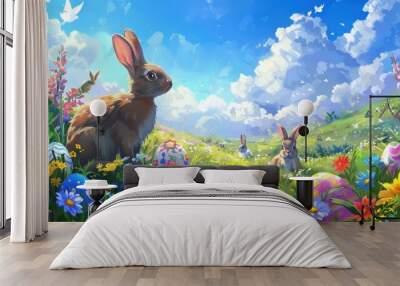 vibrant Easter background with colorful eggs, blooming flowers, and cheerful bunnies playing in a meadow under a bright spring sky. Wall mural