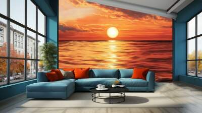 Visualize a golden sunset over a calm sea, with the sky painted in warm hues of orange and red. Wall mural