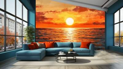 Visualize a golden sunset over a calm sea, with the sky painted in warm hues of orange and red. Wall mural