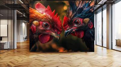 Visualize a pair of fighting cocks sizing each other up before the battle begins. Wall mural