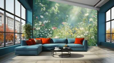 whimsical scene with wild flowers growing in a sun-dappled meadow, with soft light and gentle shadows creating a tranquil atmosphere Wall mural