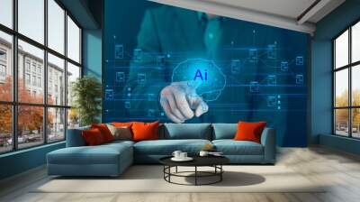 Businessman showing virtual graphics AI technology Global Internet connects  Chat with AI The future of technology changes Wall mural