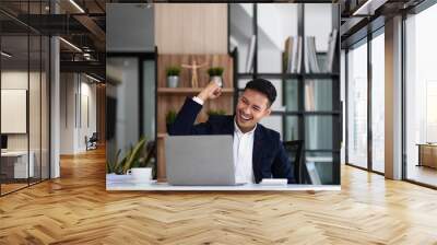 Happy young businessman looking at laptop computer in office, Excited asian man working at his workplace at modern co-working, successful people Wall mural