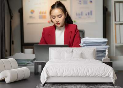 Business employee woman working in stacks paper files for checking unfinished achieves busy at work Wall mural