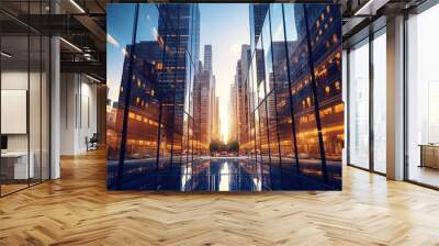 Bottom up view of reflective skyscraper buildings. Business office center in the big city, high rise building covered in glass window. Generative AI Wall mural