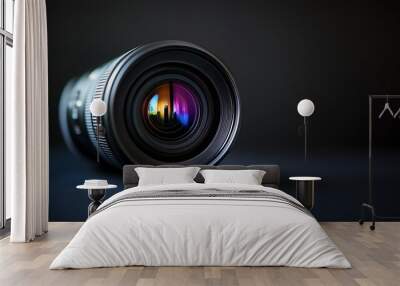 Close-up of a camera lens with a blurred reflection of a cityscape in the aperture Wall mural