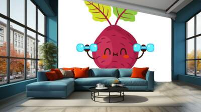 Cute funny beet vegetable is doing gym with dumbbells Wall mural