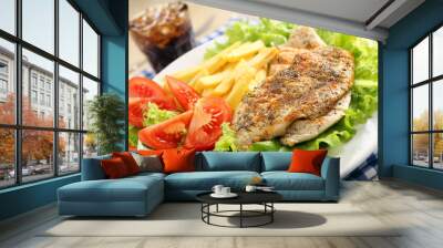 Chicken grilled fillet in herbs with fresh vegetable salad and f Wall mural