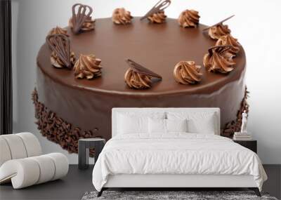 Cream chocolate cake with icing on white background Wall mural