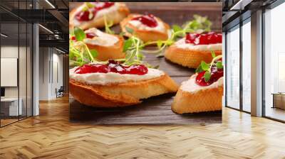 Toast with white cottage cheese cherry jam and fresh herbs Wall mural