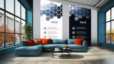 Roll up banner design set with an image placement. Editable black and white color vertical banner template vector set, modern standee and flag banner Wall mural