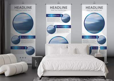 Roll up banner design template vector with three images 3 titles and three concepts. Vertical sign board advertisement X-banner and Street Business Flag or Exhibition banner. Layout Background Wall mural