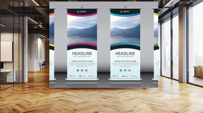 Roll up banner set stand template four designs. 4 multi color layout vector illustration. Business advertisement flyer. Vertical display x-banner or flag-banner for product presentation with photo Wall mural