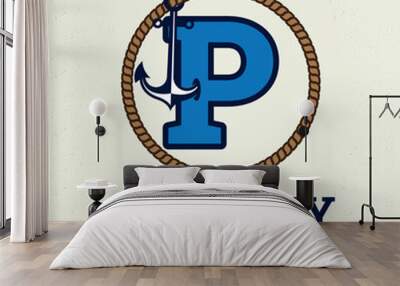 Letter P logo with anchor illustration logo design template, nautical logo concept, vintage style. Wall mural