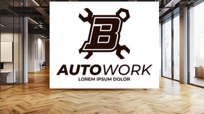 Wrench icon on letter B logo design template, racing garage auto logo illustration, repair icon sign Wall mural