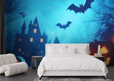 A Halloween event with a blue background. Incorporate spooky and festive visuals like pumpkins, bats, ghosts, or haunted houses. Wall mural