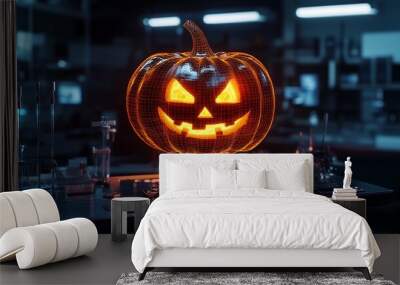 A holographic jack-o'-lantern floating above a laboratory table, illuminated with blue and red lights. The jack-o'-lantern's glowing face is detailed with sharp, neon edges, giving it a high-tech. Wall mural