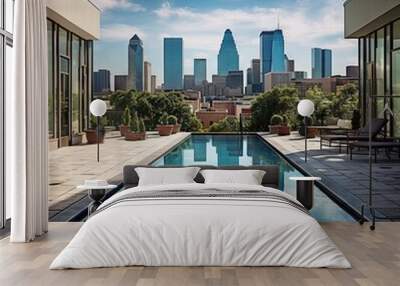 A photograph of an Architectural pool terrace in between two brick buildings  Wall mural