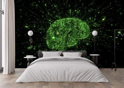 Exploding green digital brain representing A.I. Wall mural