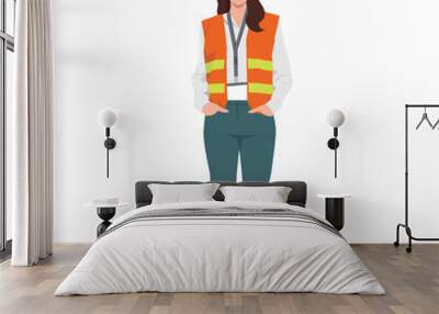 young caucasian woman engineer in hardhat and safety vest. flat vector illustration isolated on whit Wall mural