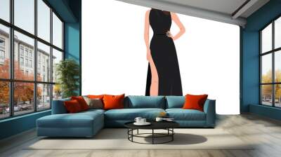 Young gorgeous lady in black beautiful evening dress. Flat vector illustration isolated on white background Wall mural