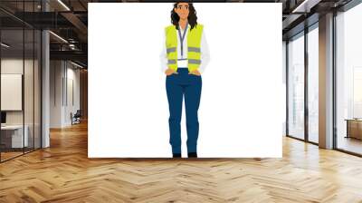 Young woman engineer in hardhat and safety vest. Flat vector illustration isolated on white background Wall mural