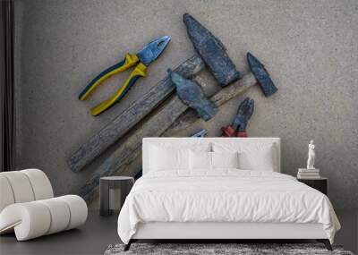 Work Tool DIY Vintage carpenter tools on rustic wooden table, Hand Tool Wall mural