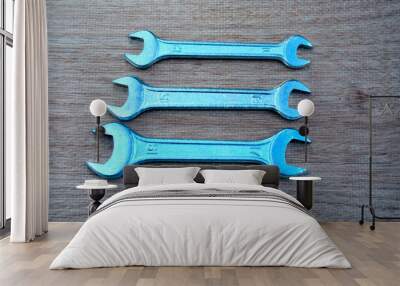 Wrenches on a wooden board.Locksmith tool. Wall mural