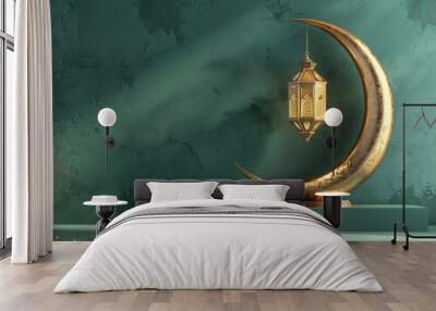 3D rendering of a green background with a golden crescent moon and lanterns hanging on the wall, an empty podium for product display in the style of a Ramadan Islamic celebration concept. Wall mural